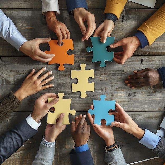 Business professionals collaborating around documents at a table